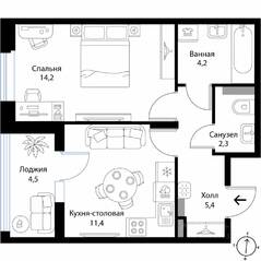 МЖК «Экография», планировка 1-комнатной квартиры, 39.80 м²