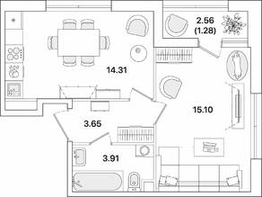 ЖК «Академик», планировка 1-комнатной квартиры, 38.25 м²