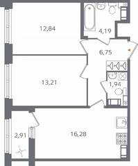 ЖК «Б15», планировка 2-комнатной квартиры, 56.67 м²