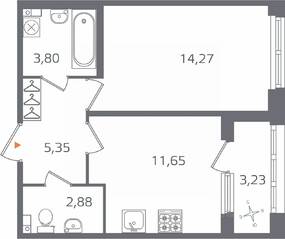 ЖК «Б15», планировка 1-комнатной квартиры, 39.57 м²