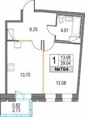 ЖК «Приморский квартал», планировка 1-комнатной квартиры, 39.04 м²