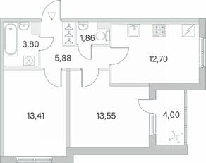 ЖК «Югтаун. Олимпийские кварталы», планировка 2-комнатной квартиры, 53.20 м²