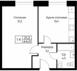 Апарт-комплекс «Aist Residence», планировка 1-комнатной квартиры, 44.00 м²