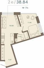 Апарт-комплекс «17/33 Петровский остров», планировка 1-комнатной квартиры, 38.84 м²