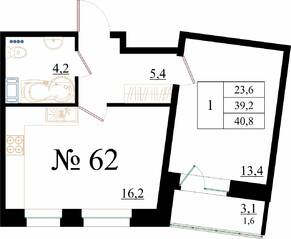ЖК «Орловский бульвар», планировка 1-комнатной квартиры, 40.80 м²