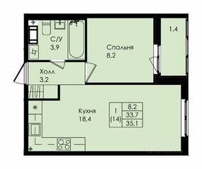 ЖК «Новая страница», планировка 1-комнатной квартиры, 35.10 м²