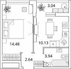 ЖК «Master Place», планировка 1-комнатной квартиры, 32.71 м²