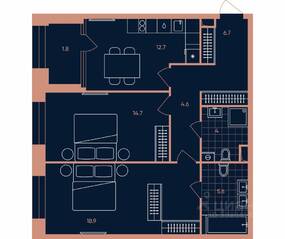 ЖК «ERA», планировка 2-комнатной квартиры, 69.00 м²