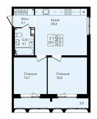 ЖК «Новая страница», планировка 2-комнатной квартиры, 52.50 м²