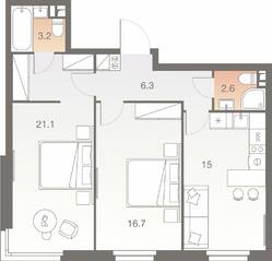 ЖК «Twelve», планировка 2-комнатной квартиры, 64.90 м²