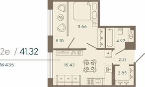 Апарт-комплекс «17/33 Петровский остров», планировка 1-комнатной квартиры, 41.32 м²