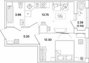 ЖК «Академик», планировка 1-комнатной квартиры, 36.35 м²