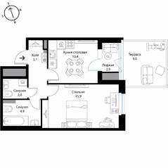 МЖК «Экография», планировка 1-комнатной квартиры, 42.90 м²
