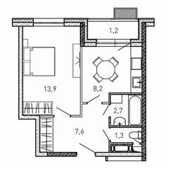 ЖК «Квартал Светлый», планировка 1-комнатной квартиры, 34.90 м²