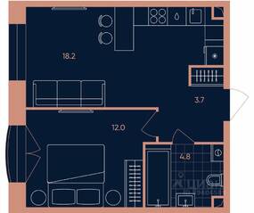 ЖК «ERA», планировка 2-комнатной квартиры, 38.70 м²