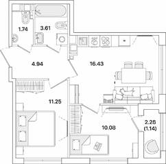 ЖК «Академик», планировка 2-комнатной квартиры, 49.19 м²