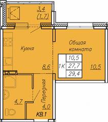 ЖК «Сибирь», планировка 1-комнатной квартиры, 29.40 м²