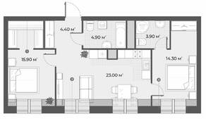 ЖК «Аура», планировка 2-комнатной квартиры, 66.40 м²