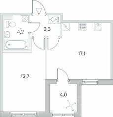 ЖК «Югтаун. Олимпийские кварталы», планировка 1-комнатной квартиры, 40.30 м²