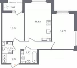 ЖК «Б15», планировка 2-комнатной квартиры, 61.04 м²