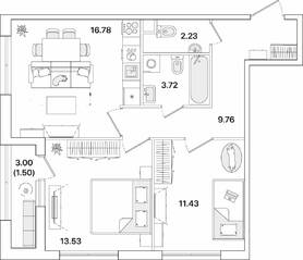 ЖК «Академик», планировка 2-комнатной квартиры, 58.95 м²