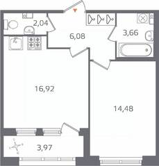 ЖК «Б15», планировка 1-комнатной квартиры, 45.17 м²