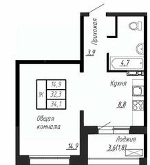 ЖК «Сибирь», планировка 1-комнатной квартиры, 34.10 м²