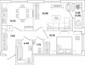 ЖК «Академик», планировка 2-комнатной квартиры, 54.34 м²