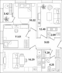 ЖК «БелАрт», планировка 3-комнатной квартиры, 68.88 м²