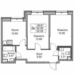 ЖК «Юнтолово», планировка 2-комнатной квартиры, 52.20 м²