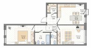 ЖК «Мануфактура James Beck», планировка 2-комнатной квартиры, 66.97 м²