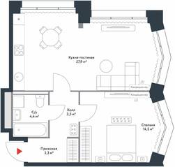 МФК «Ривер Парк», планировка 2-комнатной квартиры, 53.60 м²