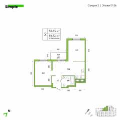 ЖК «Simple», планировка 2-комнатной квартиры, 55.20 м²