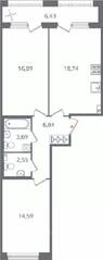 ЖК «Б15», планировка 2-комнатной квартиры, 66.52 м²
