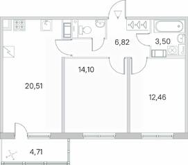 ЖК «Югтаун. Олимпийские кварталы», планировка 2-комнатной квартиры, 60.59 м²