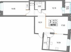 ЖК «Приморский квартал», планировка 3-комнатной квартиры, 85.24 м²