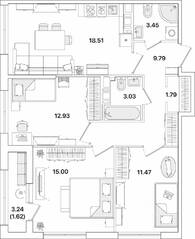 ЖК «Академик», планировка 3-комнатной квартиры, 77.59 м²
