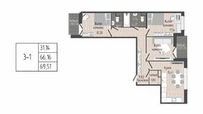 ЖК «Sertolovo Park», планировка 3-комнатной квартиры, 69.51 м²