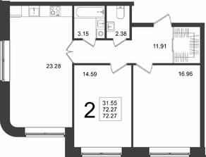 ЖК «Мишино-2», планировка 2-комнатной квартиры, 72.27 м²