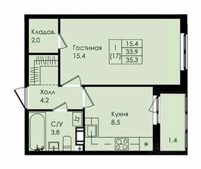 ЖК «Новая страница», планировка 1-комнатной квартиры, 35.30 м²
