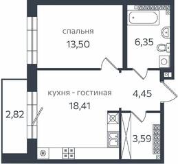 ЖК «Петровская коса, 1», планировка 1-комнатной квартиры, 48.00 м²