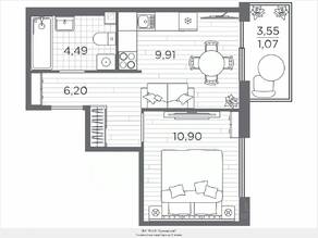 ЖК «Plus Пулковский», планировка 1-комнатной квартиры, 32.57 м²