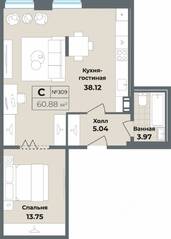 Апарт-комплекс «Лиговский, 127», планировка студии, 60.88 м²