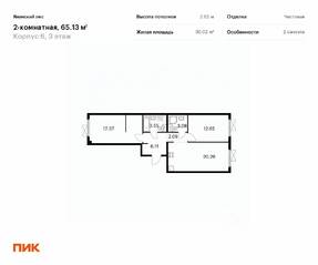ЖК «Янинский лес», планировка 2-комнатной квартиры, 65.13 м²