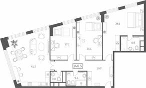 ЖК «Sky House», планировка 4-комнатной квартиры, 140.45 м²