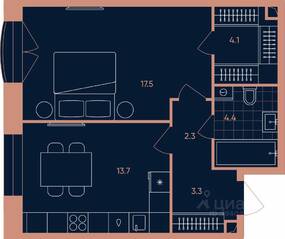 ЖК «ERA», планировка 1-комнатной квартиры, 45.30 м²
