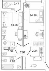 ЖК «Master Place», планировка 1-комнатной квартиры, 49.51 м²