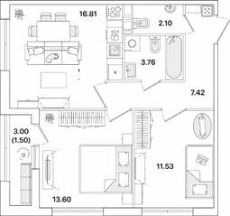 ЖК «Академик», планировка 2-комнатной квартиры, 56.72 м²