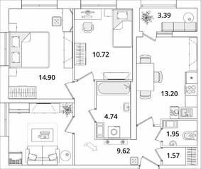 ЖК «БелАрт», планировка 3-комнатной квартиры, 68.67 м²