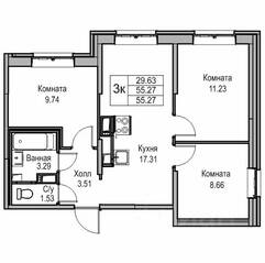 ЖК «Юнтолово», планировка 3-комнатной квартиры, 55.00 м²